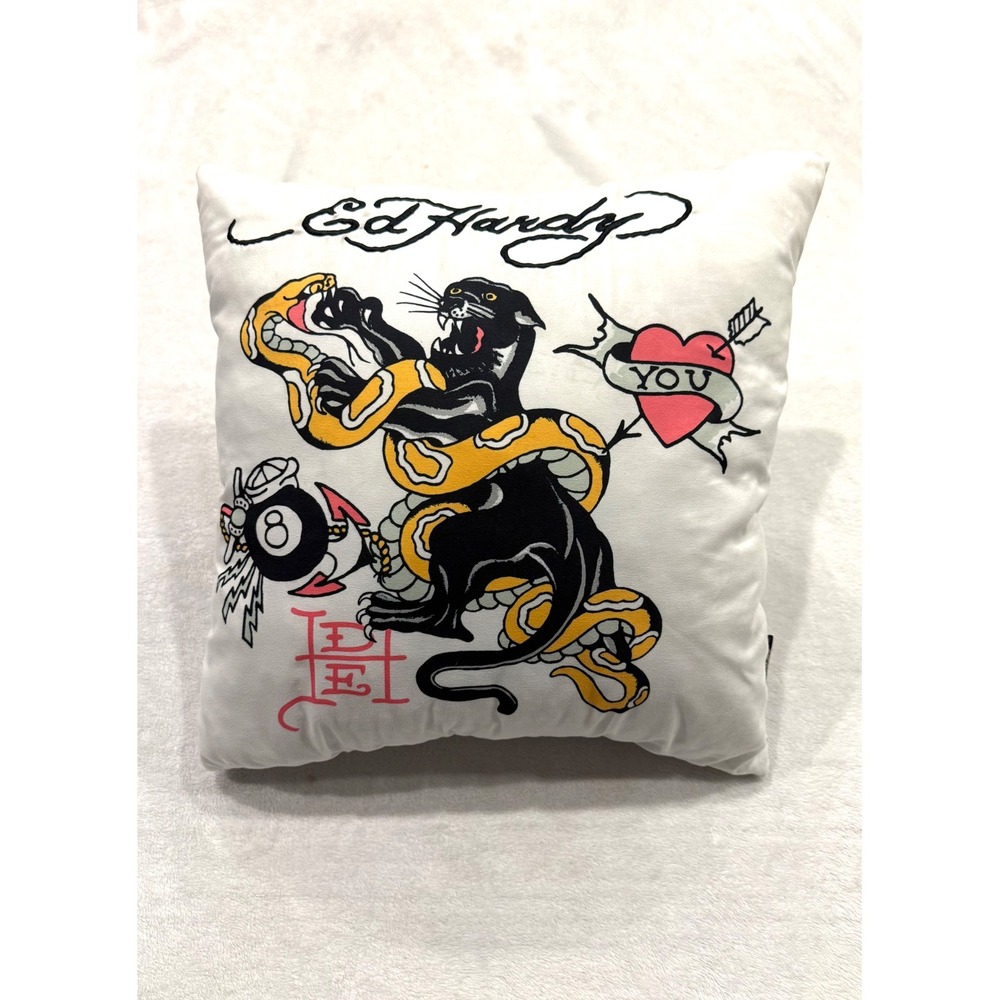 Ed Hardy Tattoo Art Panther Snake 8-Ball Throw Pillow White Square 16x16 Accent